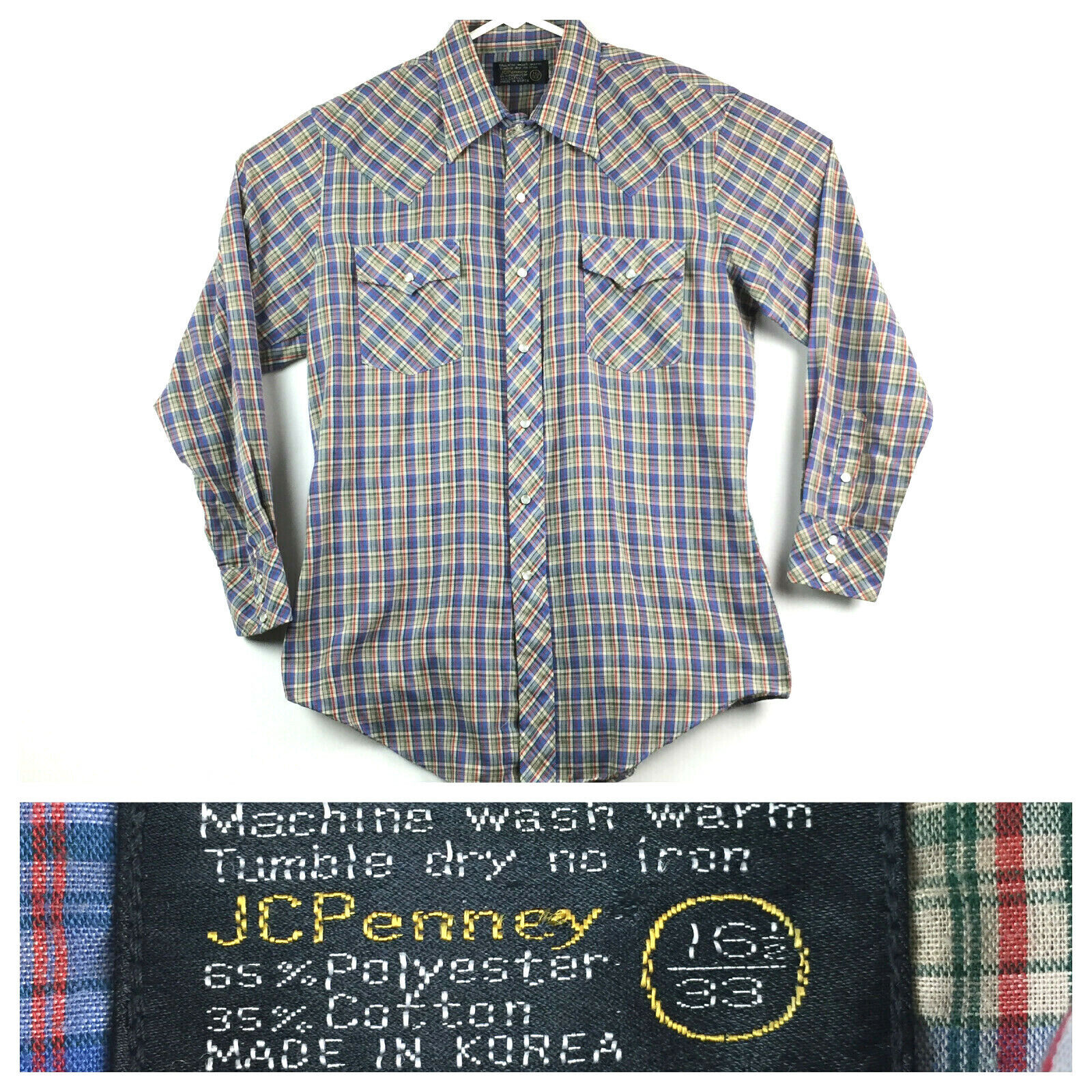 Vtg JCPenny Mens Size 16.5/33 (46 in Chest) Multi-Colored Brushpopper Pearl Snap