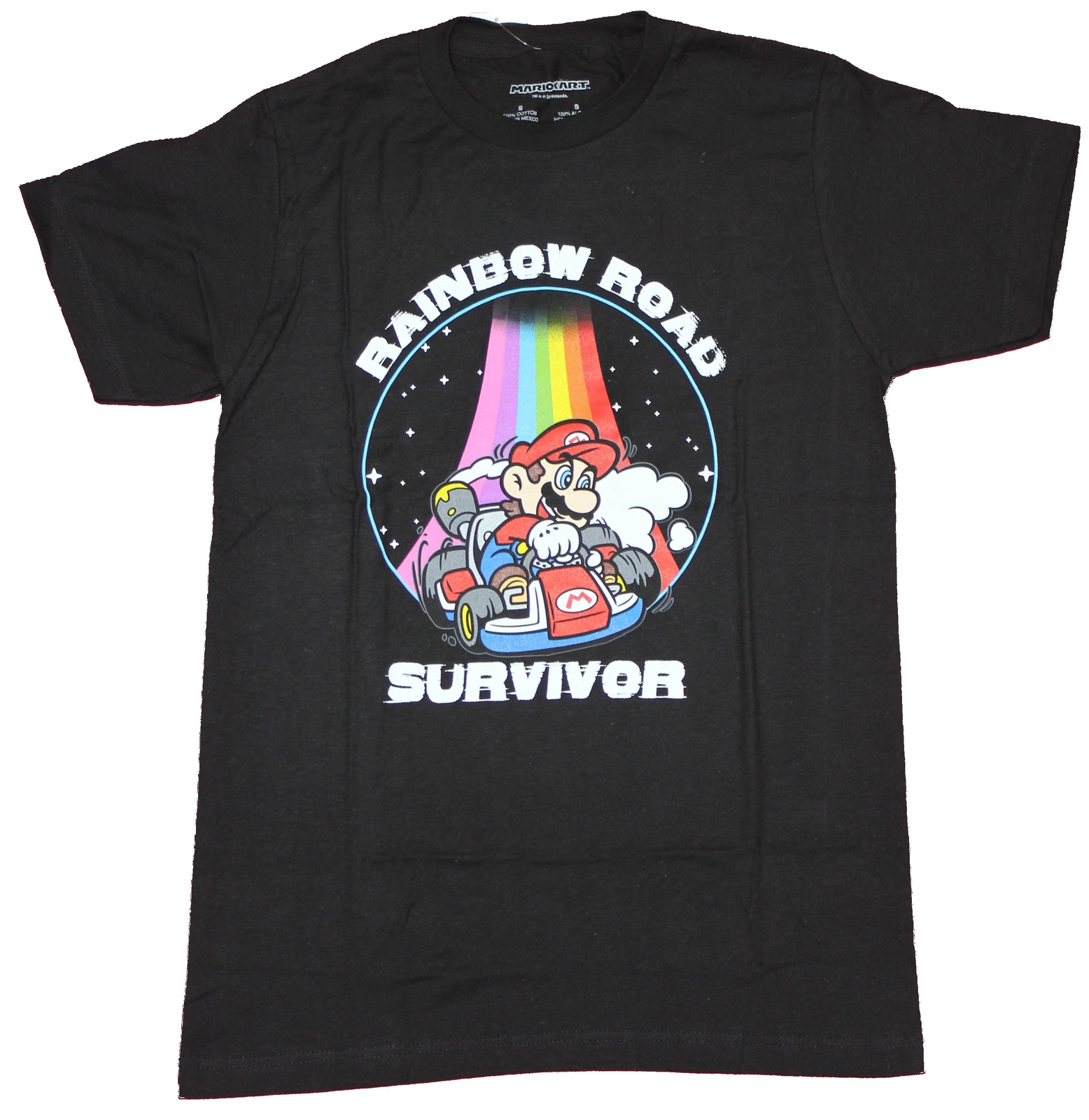Mario KArt Adult New T-Shirt – Rainbow Road Survivor Mario Rainbow Pic
